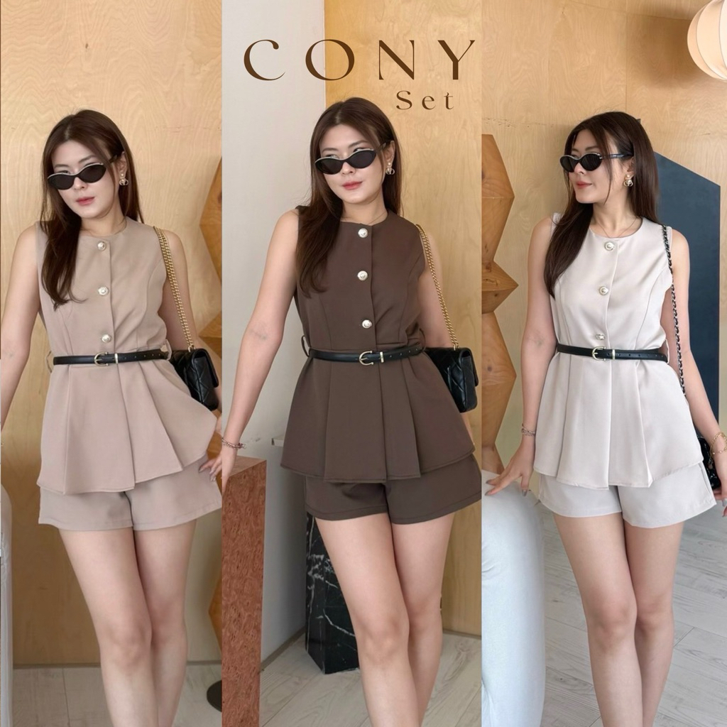 CONY SET   (ส่งด่วน )เสื้อแขนกุดกระดุมหน้าต่อชายระบาย ใส่คู่กับกางเกงขาสั้น พร้อมเข็มขัดถอดได้
