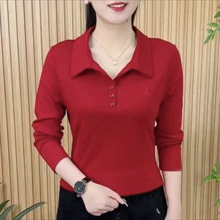 T-( รุ่น-231 ) เสื้อยืดสีพื้นคอปกกระดุม3เม็ดแขนยาวยอดฮิตมาใหม่ อกเสื้อปักด้วยตัวหนังสือ สไตล์เกาหลี ผ้านุ่มสวมใส่สบาย พร