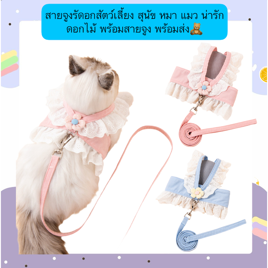 PP-508 สายจูงรัดอกสัตว์เลี้ยง สุนัข หมา แมว น่ารัก ดอกไม้ พร้อมสายจูง พร้อมส่ง ￼