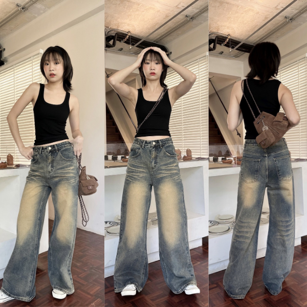 Bave 51632 กางเกงยีนส์ทรงกระบอกใหญ่ baggy jeans โทนสีฟอก  ผ้าไม่ยืด