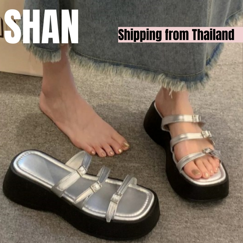 🚚จัดส่งจากไทย-รองเท้าแตะแพลตฟอร์ม ส้นกลาง หนัง PU แต่งสายรัดข้อเท้า แบบบาง แฟชั่นฤดูร้อน สําหรับผู้หญิง