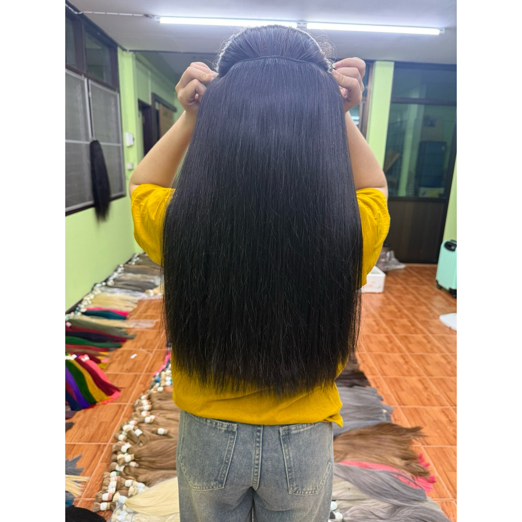 แฮร์พีชผมแท้ปลายหนาพิเศษ ยาว 50 เซนติเมตร  หนักประมาน200กรัม+ รับประกันตลอดอายุการใช้งาน (โรงงานมาเอ