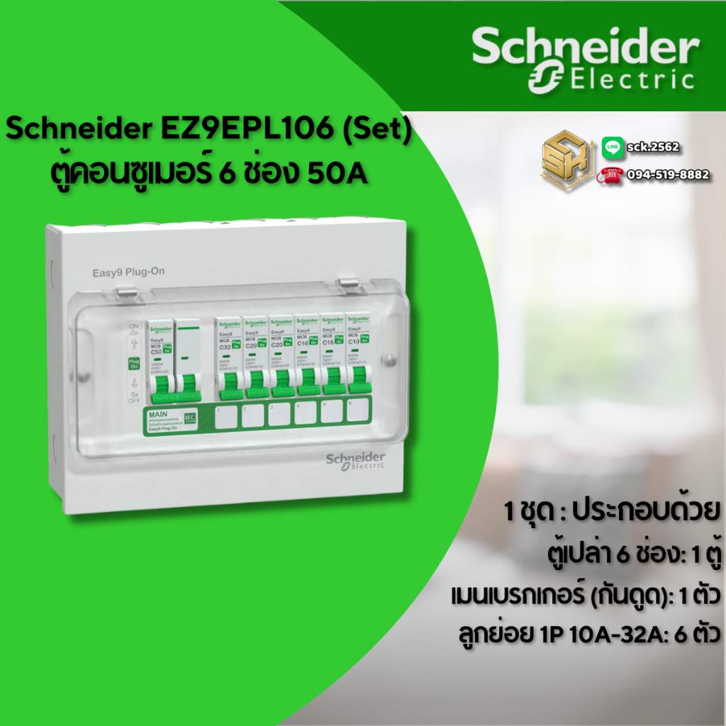 Schneider ตู้คอนซูมเมอร์ 6 ช่อง เมน RCBO&MCB 50A - 63A รุ่น Easy9 ได้ลูกย่อย 10-32A ทั้งหมด 6 ลูก Pl