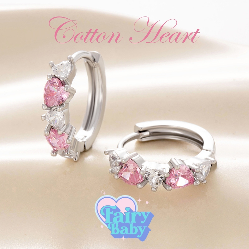 Fairybaby ต่างหูห่วง CottonHeart ( 1 คู่  ) ต่างหูห่วง เพชรสีชมพู ขาว สลับกัน รูปหัวใจ สวยงาม เล่นเเสง (E2-017)