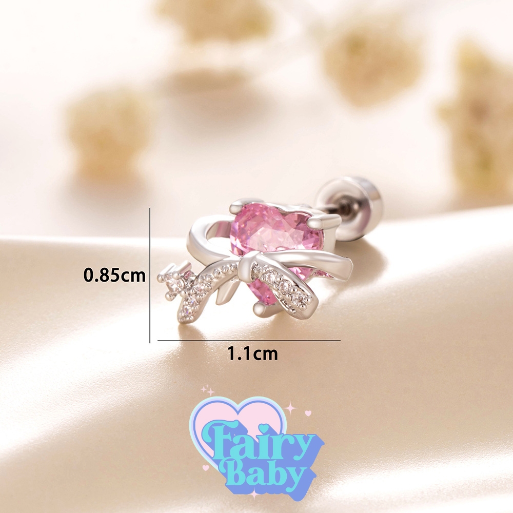 Fairybaby จิวPink Heartie Drop ( 1 ชิ้น ) แป้นแบน รูปหัวใจ ชมพู โบว์ น่ารัก เล่นแสง สวยงาม หนา 0.8 ยาว 6 mm