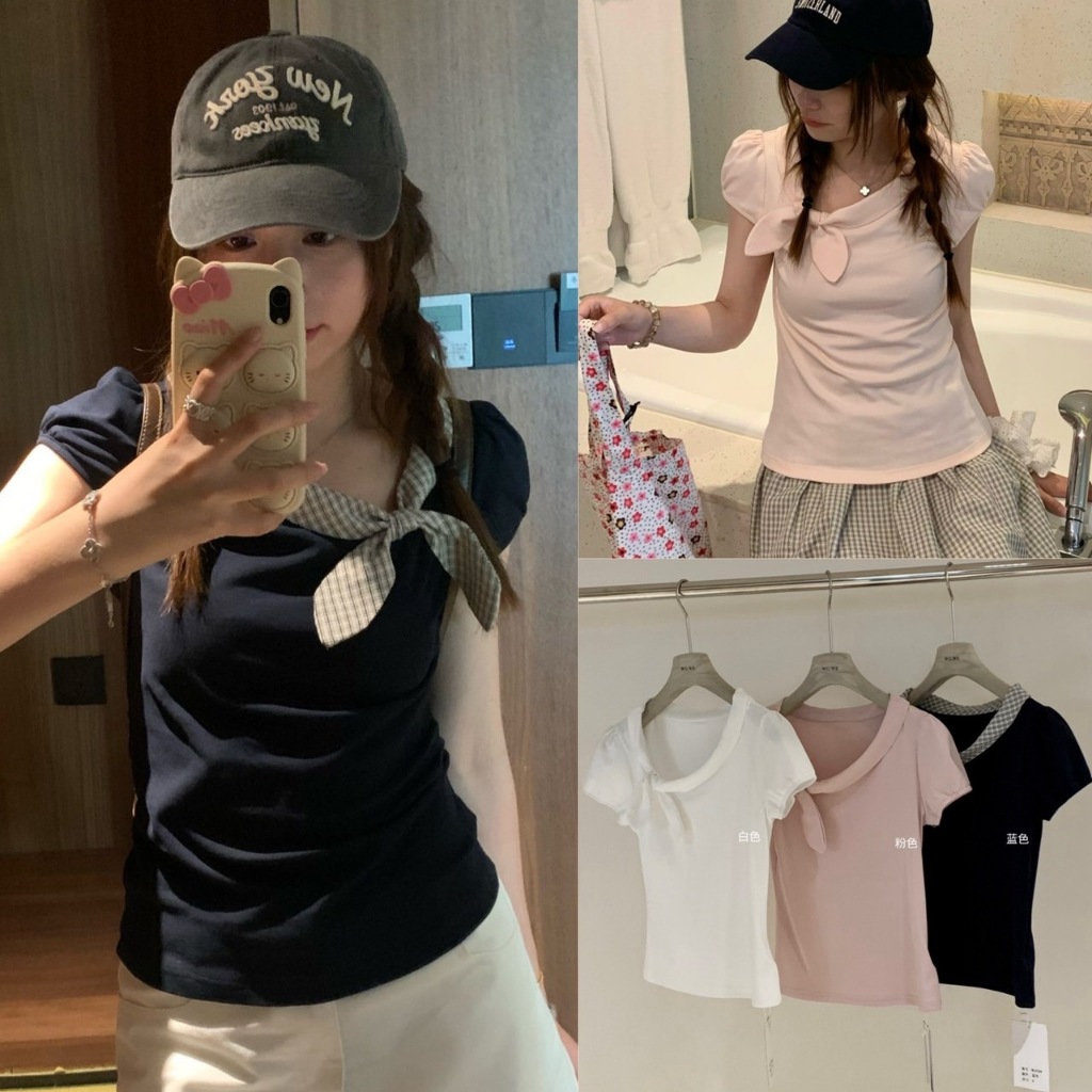 🧡🧵 🇰🇷 W6258 เสื้อแขนสั้น แต่งผ้าช่วงคอ เย็บติด ผ้ายืดนะคะ งานจริงน่ารักนะคะ ผ้าแฟชั่นเกาหลี TAG WG.WE 🧵🧡
