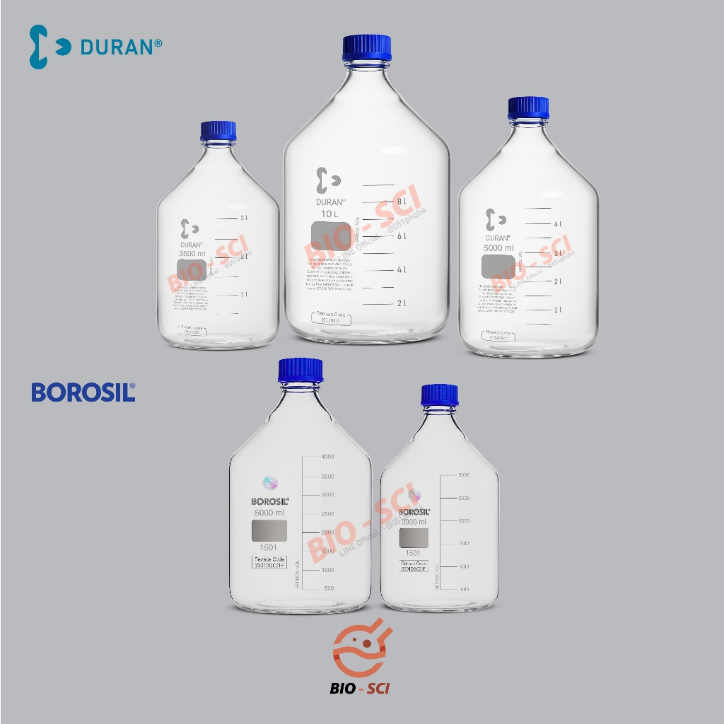 ขวดแก้วทนร้อน 3000/5000/10000ml +ฝากันซึม Duran®/ Borosil® ,ใบ Spec. แก้ว, มาตราฐาน ISO/DIN อ่านรายล