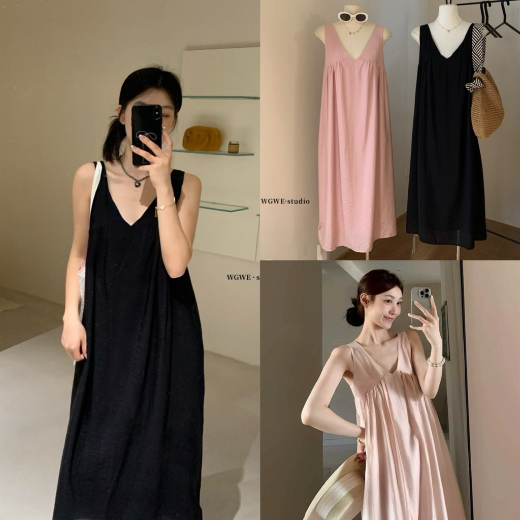 6274# เดรสคอวีแขนกุดตัวยาว กระเป๋าข้าง ผ้าพริ้วสวย งานมีซับในอย่างดี TAG WG.WE 🇰🇷🇰🇷