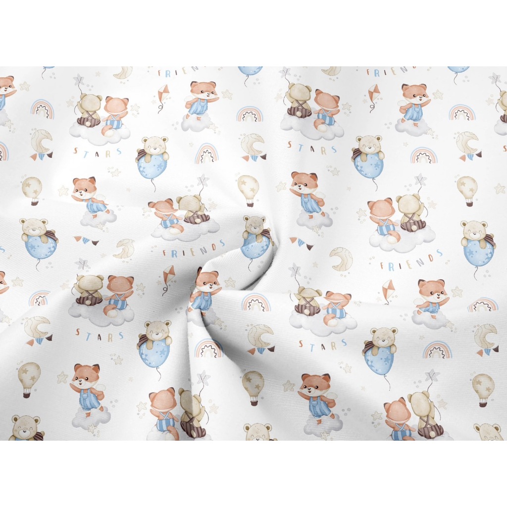 ผ้าคอตตอน 100% คอตตอนทอทวิล ผ้าเมตร ตัดขายเป็นเมตร ผ้าหน้ากว้าง 1.6 เมตร พิมพ์ลายหมีกับบอลลูน