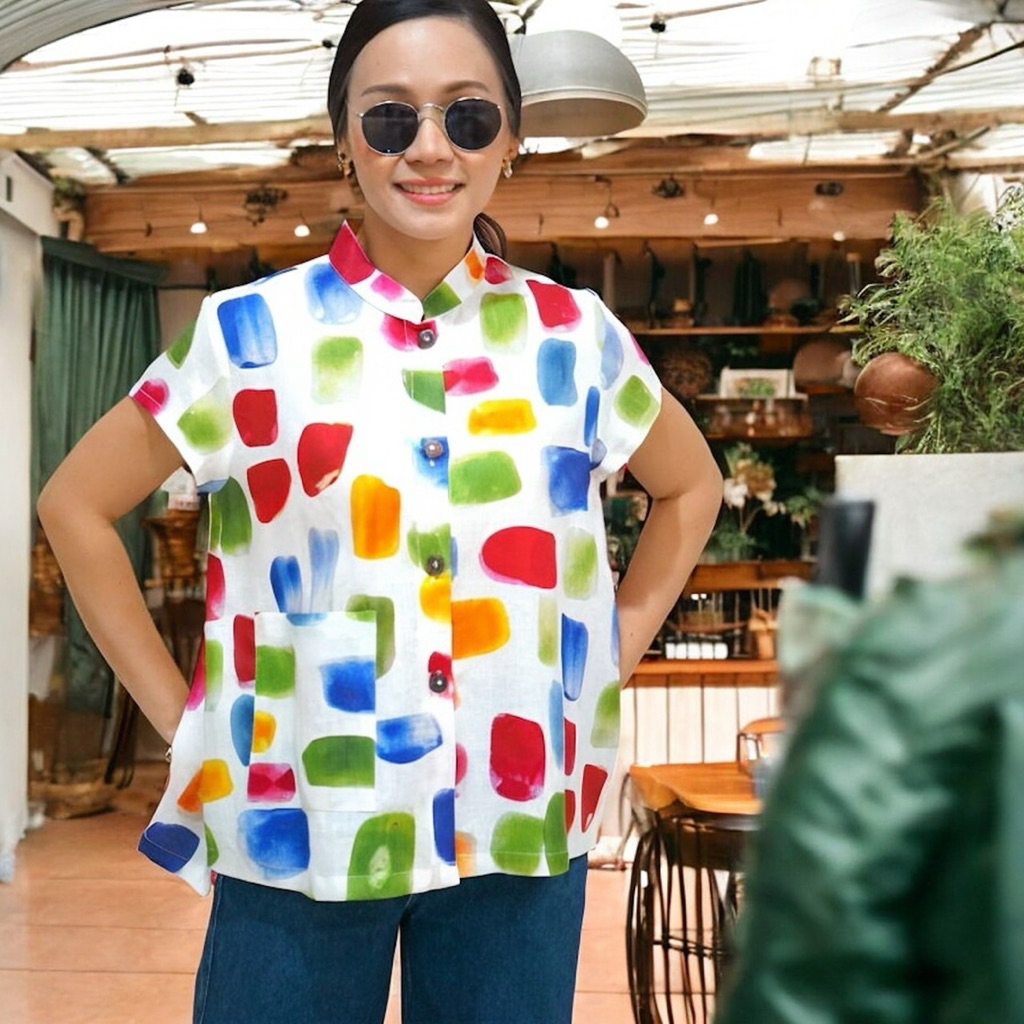 5th Jan เสื้อเชิ้ต คอจีน แขนสั้น กระดุมผ่าหน้า กระเป๋าหน้าล่าง ผ้าลินินแท้ พิมพ์ลายเพ้นท์สี “อก 42 น
