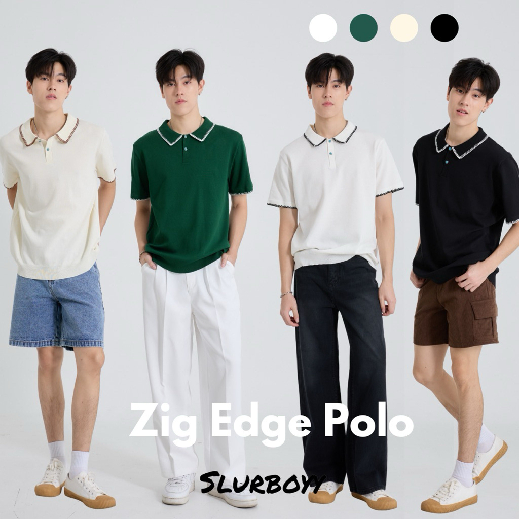 (ส่งด่วน กทม 4 ชม.) SLURBOYY Zig Edge Premium Knit Shirt เสื้อไหมพรมคอปก ขอบปักซิกแซก (SB0839)