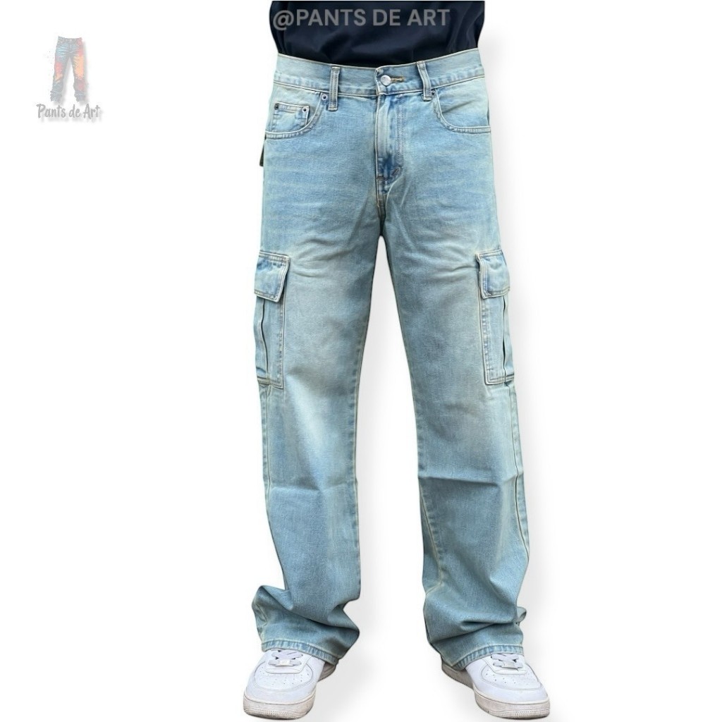 PANTS DE ART กางเกงยีนส์ชายMK มีกระเป๋าคาร์โก้ สีสนิมอ่อน | ผ้ายีนส์ 100% ไม่ยืด ฟอกนุ่ม ใส่สบาย