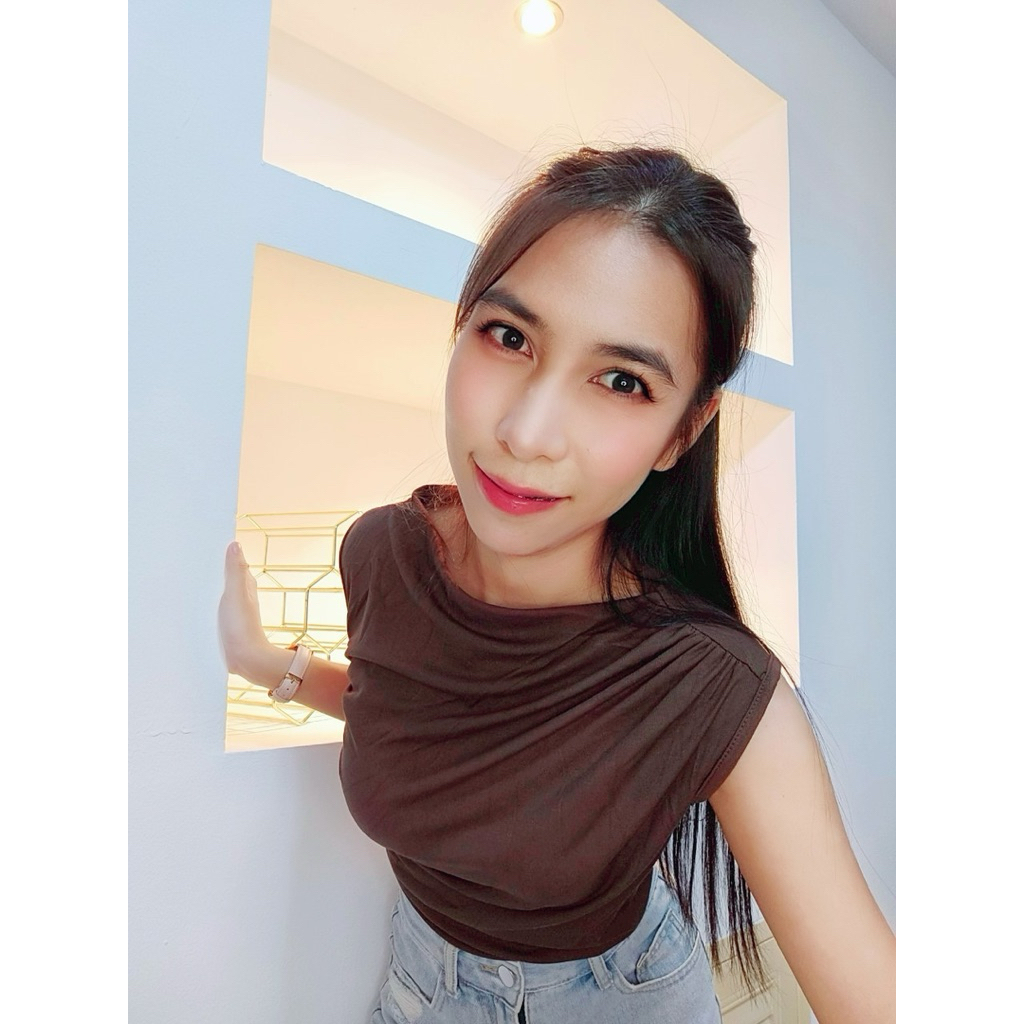 เสื้อปาดไหล่แขนกุด ย่นข้างหน้า (ดำ ขาว น้ำตาล) - รูปที่ 7
