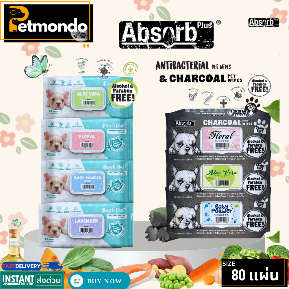 Absorb Plus ผ้าเปียกสำหรับทำความสะอาดสัตว์เลี้ยง สูตร Antibecterial และสูตร Charcoal ขนาด 80 แผ่น