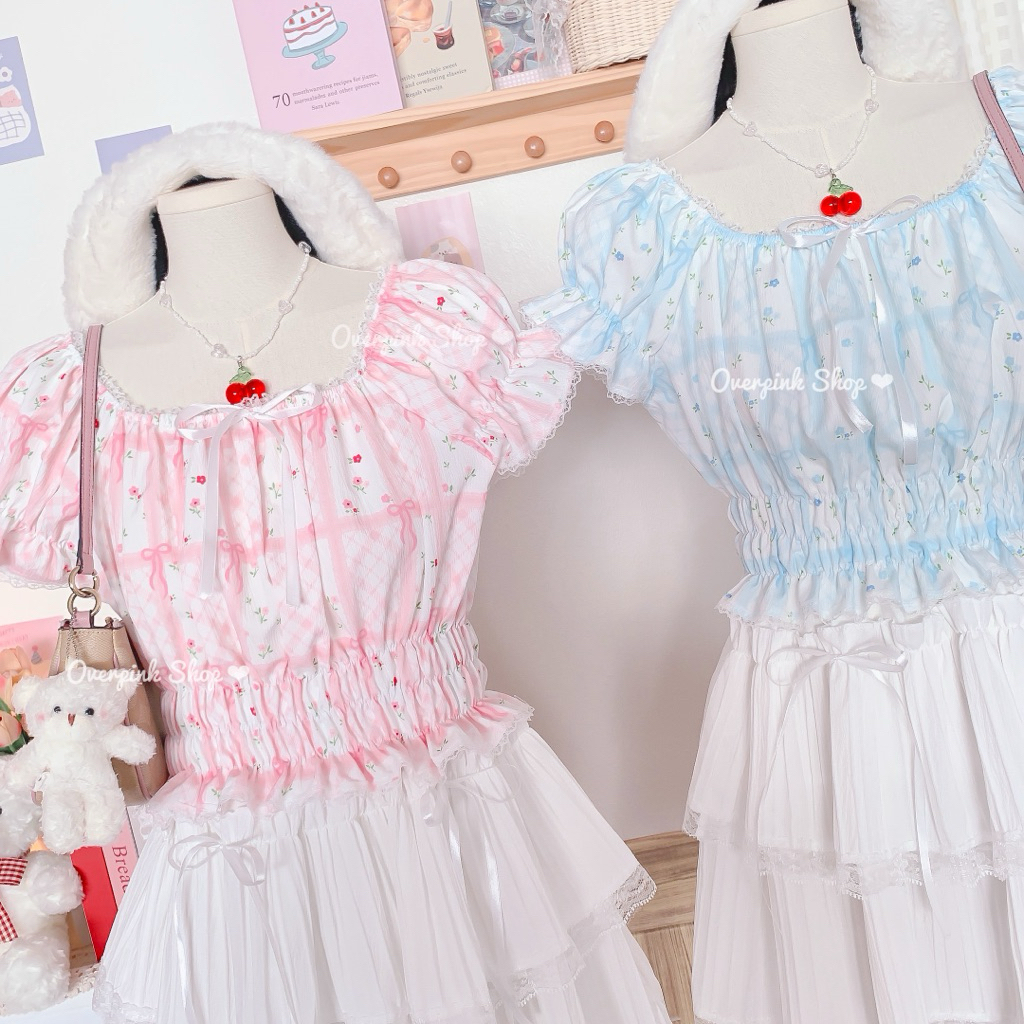 OVP  Polka Dots เสื้อครอปลายจุด คอเหลี่ยม แต่งลูกไม้ เสื้อลายจุด เสื้อแฟชั่น