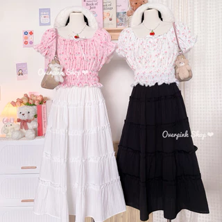 🌸OVP🌸 กระโปรงยาว ผ้าด็อบบี้ รุ่นขนมชั้น สีล้วน แต่งระบายริม กระโปรงบาน