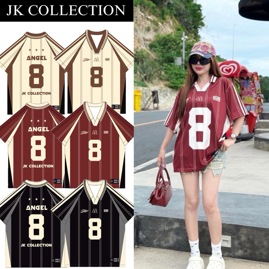 ANGEL เสื้อกีฬาคอปก เสื้อกีฬาพิมพ์ลาย เสื้อกีฬาโอเวอร์ไซส์