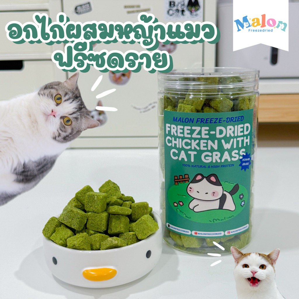 อกไก่ผสมหญ้าแมวฟรีซดราย MalonFreezedried / ขนมหมาฟรีซดราย ขนมแมวฟรีซดราย