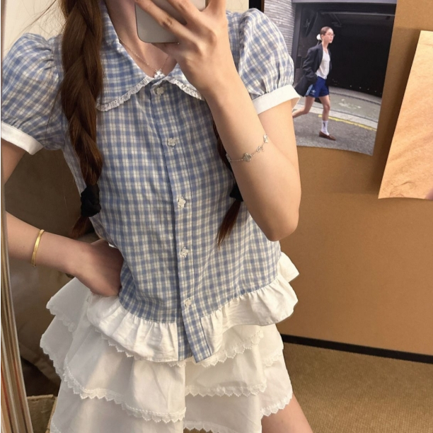 🎀Mona🎀 เสื้อเชิ้ต แขนฟอง จุดคลื่น สไตล์น่ารัก แผนกฮัน จัดส่งที่รวดเร็ว🚀