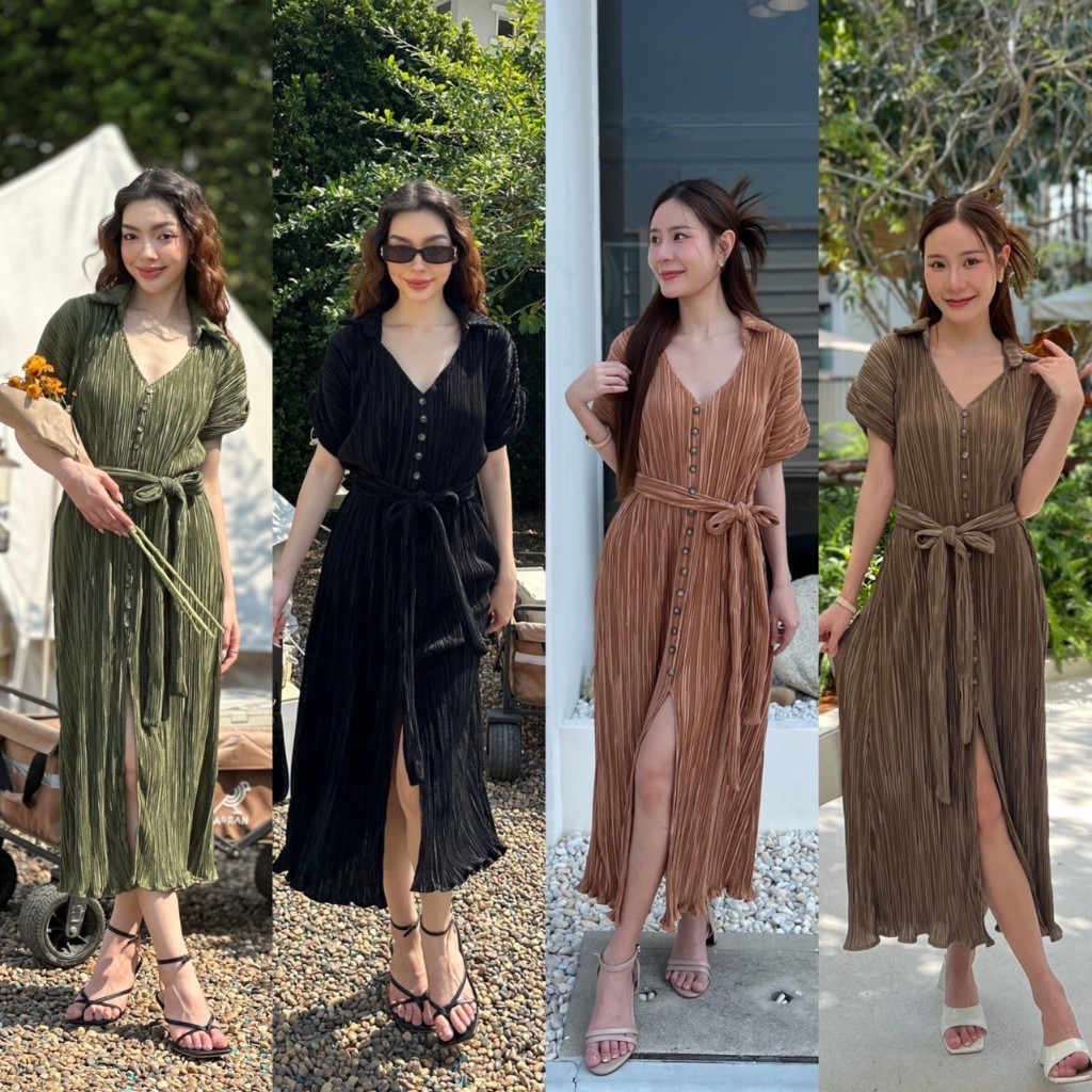 NOOZZSHOP 5511079 ชุดเดรสผ้าพลีท ใส่ได้ทุกโอกาสพร้อมเชือกผูกเอว