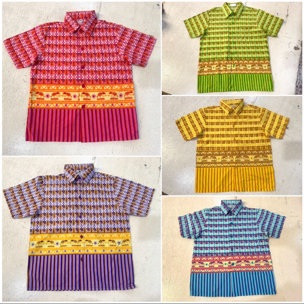 เสื้อวัฒนธรรม เสื้อพื้นเมือง เสื้อผ้าไทย นักเรียน ผ้าไทย มีเด็กและผู้ใหญ่ ลายช้าง ผ้าคัตตอน สีไม่ตก ไม่หด