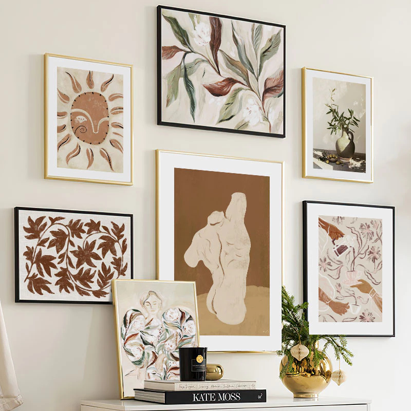 (พร้อมส่งจากไทย ภาพรวมกรอบ)รูปวาด Boho Sun แจกัน Leaf โทนน้ำตาล สไตล์นอร์ดิก สําหรับตกแต่งผนังบ้าน ห้องนั่งเล่น