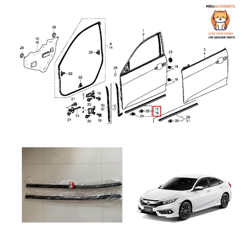 ชุดยางขอบประตูหน้าส่วนล่าง Honda civic FC แท้ศูนย์ราคาต่อ 1 ชุดตามกรอบสีแดง