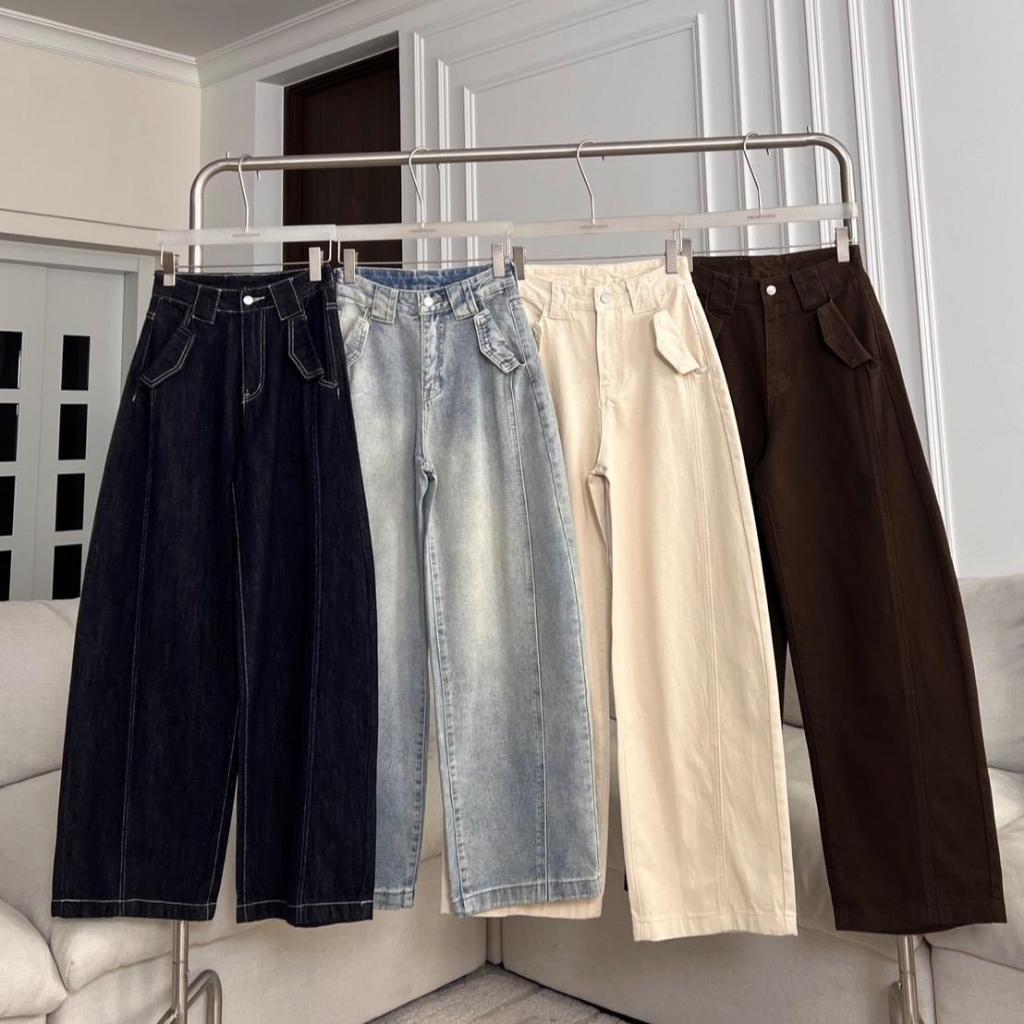 PTJ30255 Leica Barrel High-Rise กางเกงยีนส์ PROMTHONG ขากระบอกใหญ่แต่งกระเป๋าปักโลโก้