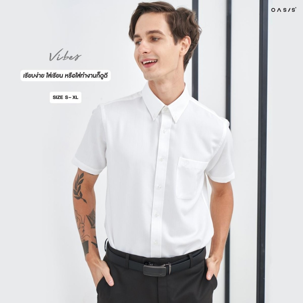 OASIS Masterpiece เสื้อเชิ้ตผู้ชาย MPWWS-4233 มีกระเป๋า เสื้อเชิ้ต แขนสั้น ผ้าCotton100% สีขาว