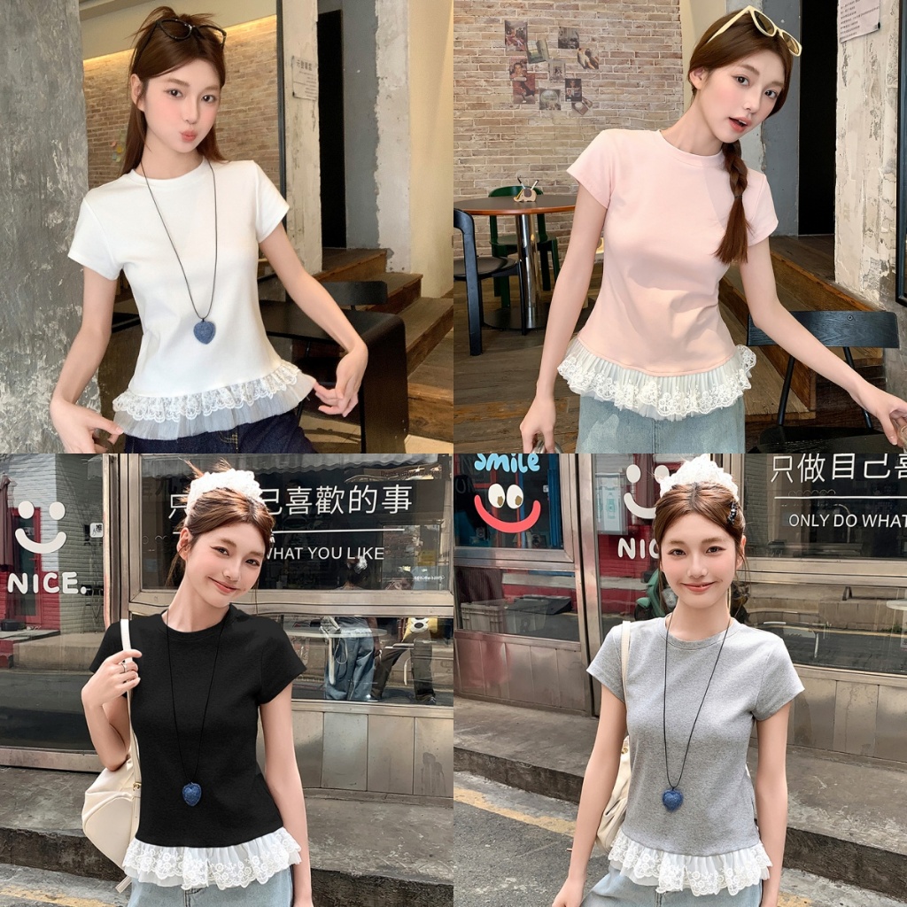 เสื้อยืดสไตล์เกาหลี ชายลูกไม้ คอกลม ผ้าคอตตอน สไตล์หวานๆ