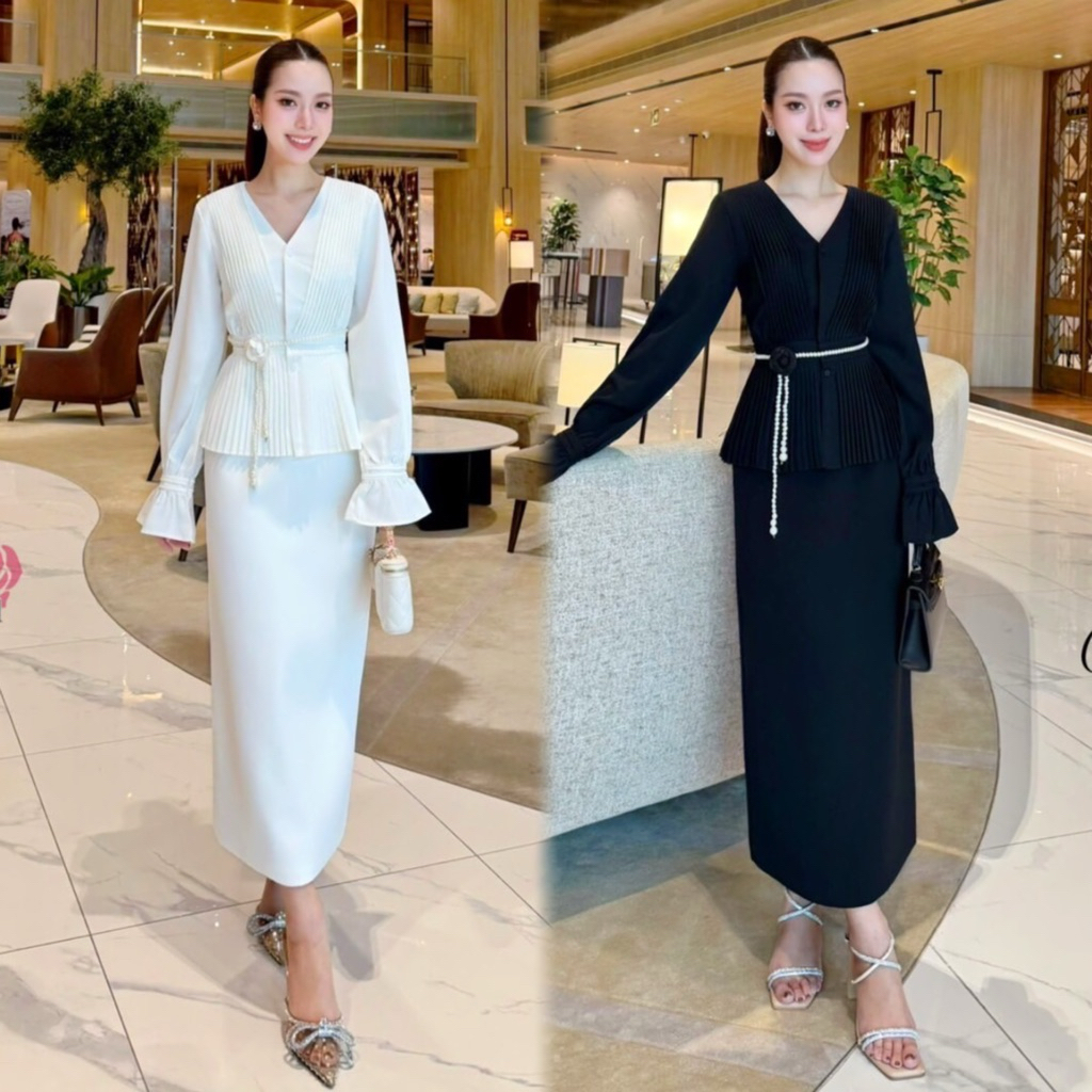 M8 Widelia@Real Set ชุดเซ็ท เสื้อแขนยาว+กระโปรงยาว+เข็มขัด+เข็มกลัดดอกไม้ สำหรับผู้หญิง ไซส์ S-L