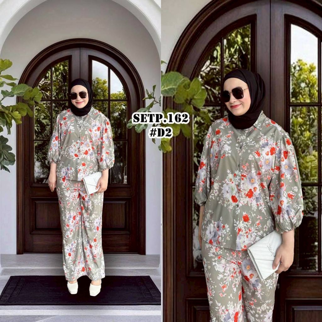 ชุดเซ็ทกางเกงแฟชั่นมุสลิมผู้หญิงคอปกกระดุมหน้าแขนโคมไฟลาย3มิติงานฟรีไซส์ฟรีสไตล์ใส่ได้ทุกโอกาส Set P.162#D2 ดิจิตัล