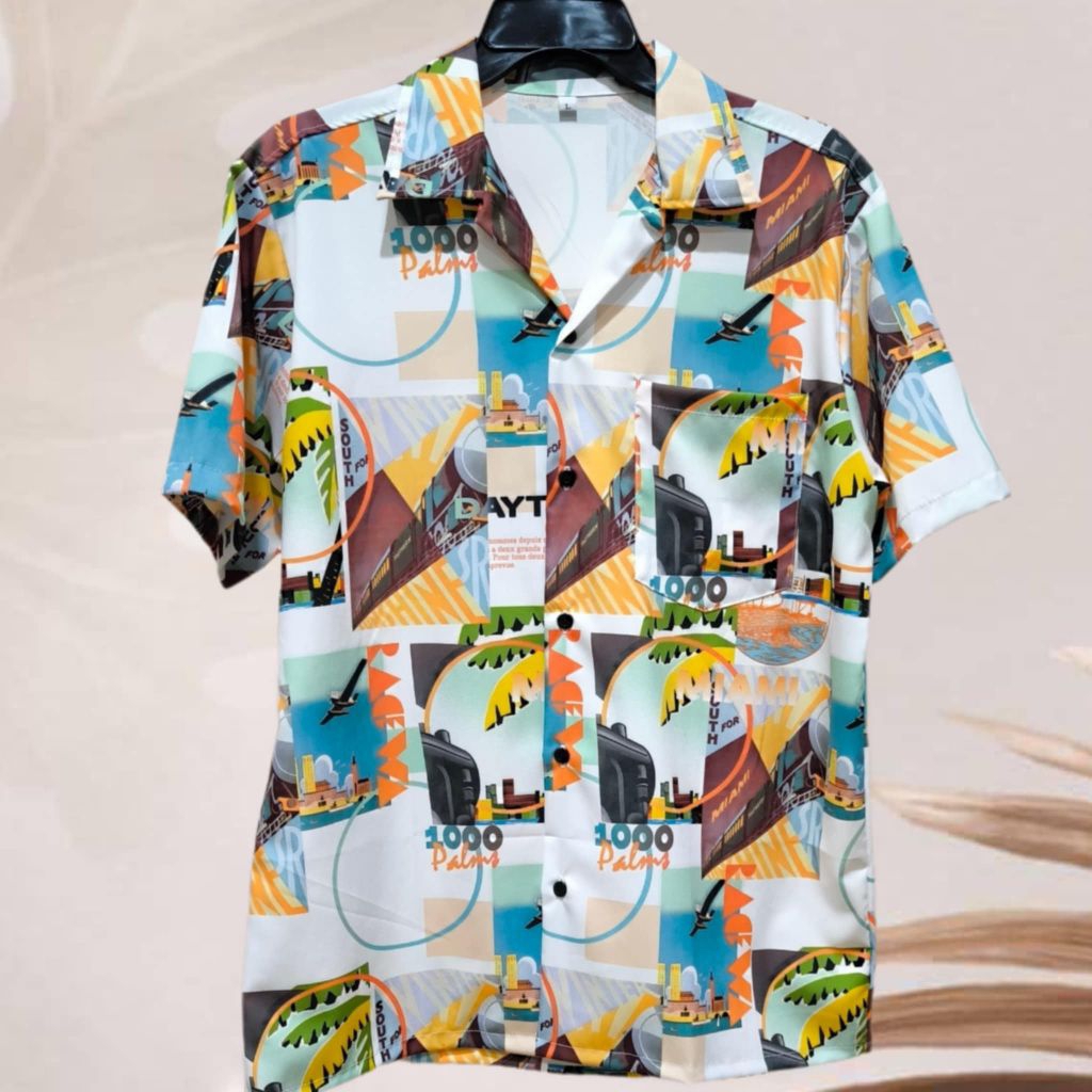 เสื้อเชิ้ตฮาวาย ลายการเดินทางท่องเที่ยว (พื้นสีขาว) ผ้าไหมอิตาลี