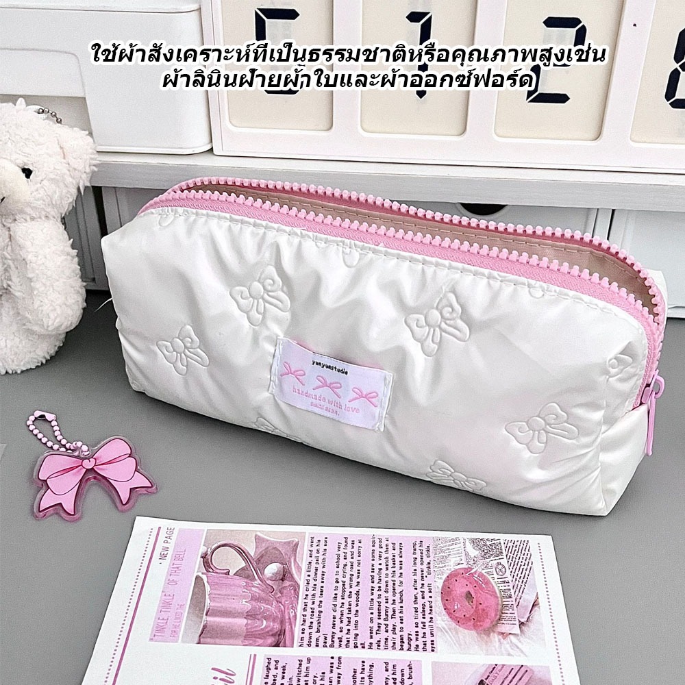 มาใหม่สีชมพูโบว์ปากกากระเป๋าความจุขนาดใหญ่นักเรียนดินสอมัลติฟังก์ชั่กรณีเครื่องเขียน