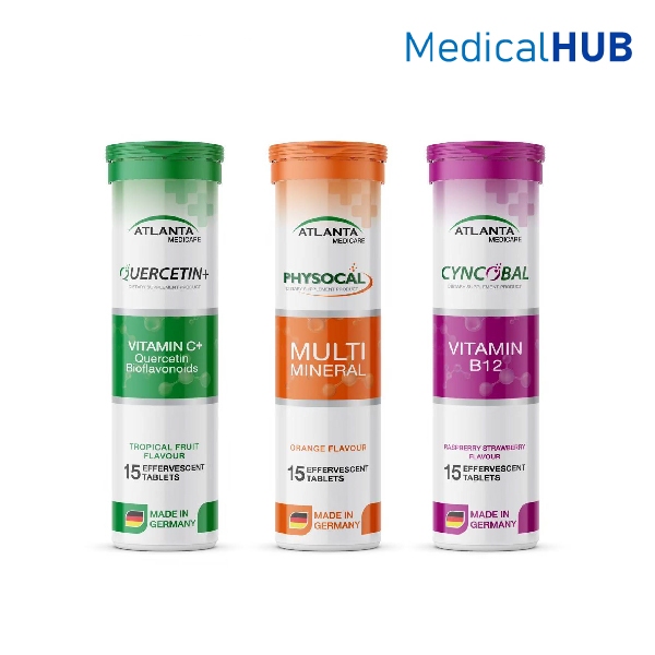 Atlanta วิตามิน เม็ดฟู่ Cyncobal Vit B12 / Quercetin Vit C / Physocal Multi Mineral 15 เม็ด/หลอด