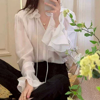 K607 💗 เสื้อ White Shirt สไตล์ลูกคุณหนูเกาหลี S-XXXL รอบอกใหญ่สุดถึง 60 นิ้ว แต่งคอปกระบาย เหมาะใส่ไปงานต่างๆ 💗