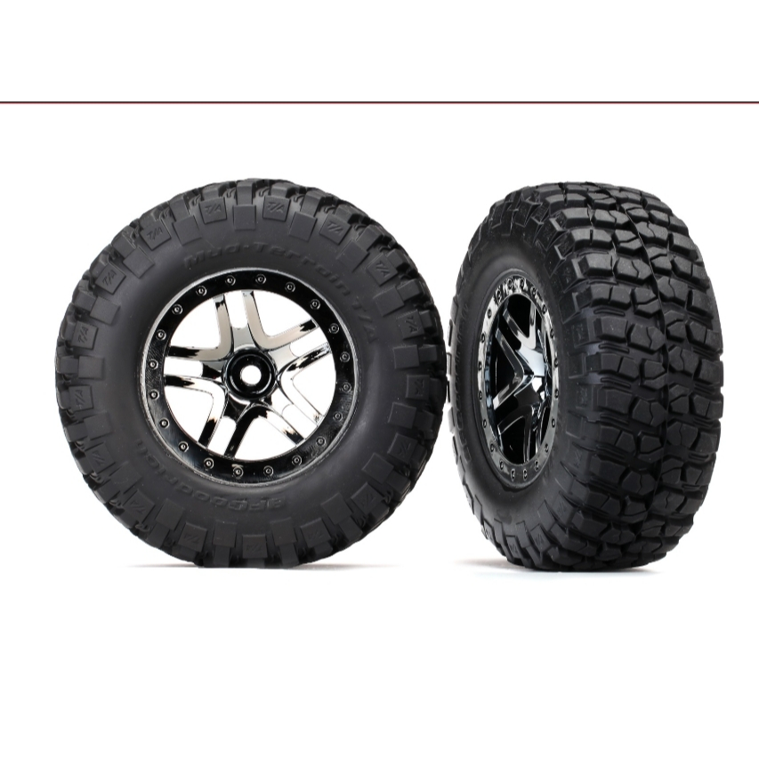 TRAXXAS 6873T Tires & wheels, assembled, glued (SCT Split-Spoke  black chrome beadlock style wheels, BFGoodrich Mud..