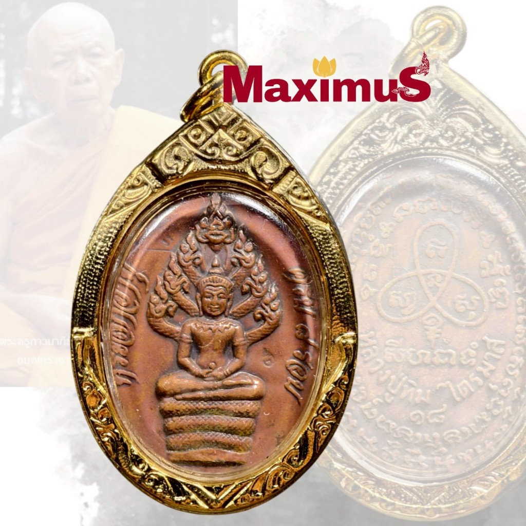 เหรียญนาคปรก 8 รอบ ไตรมาส หลวงปู่ทิม วัดละหารไร่ เนื้อทองแดง ปี18 เลี่ยมทองไมครอน