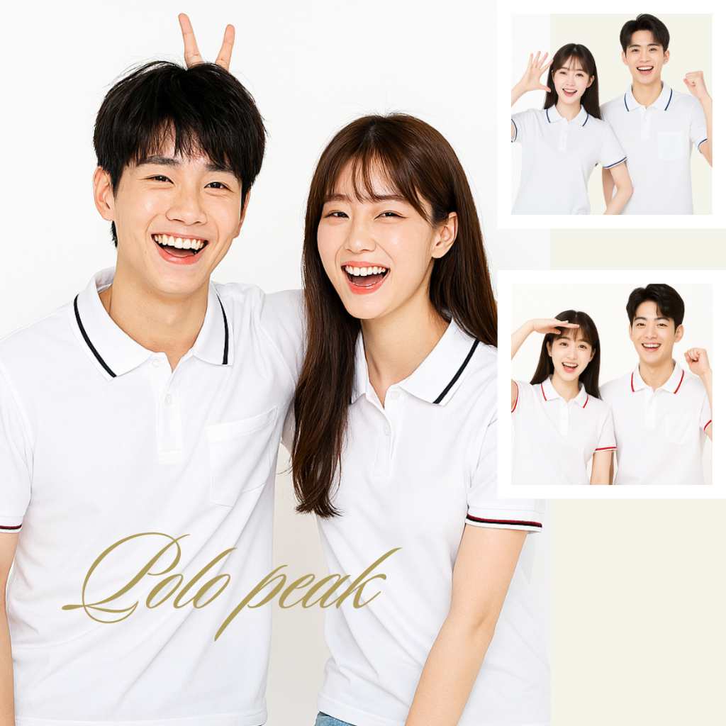 เสื้อโปโลสีขาว ปกริ้วดำ ปกริ้วน้ำเงิน ปกริ้วแดง polo peak