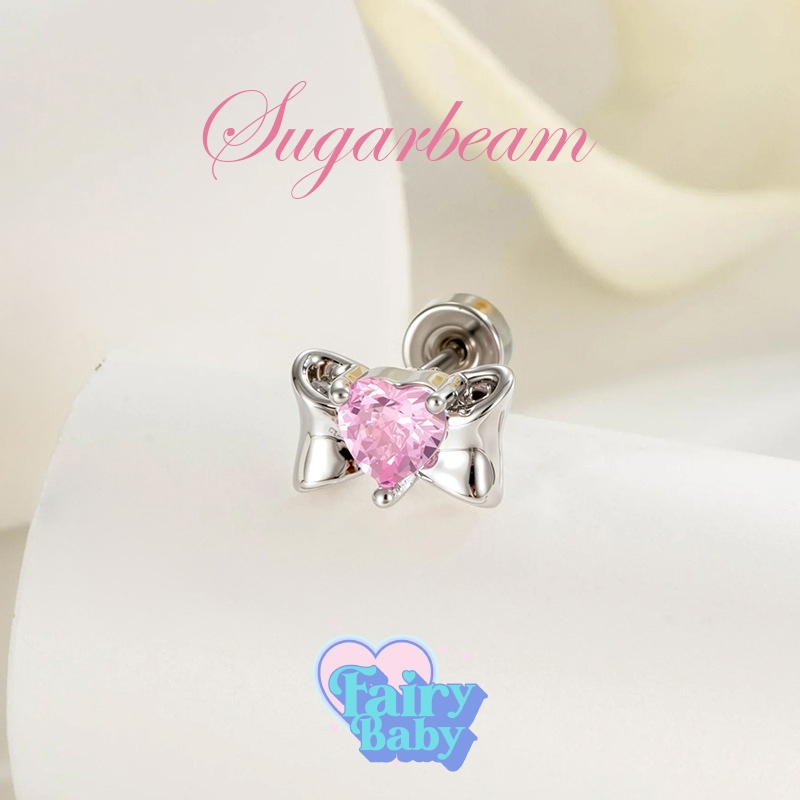 Fairybaby จิว Sugarbeam( 1 ชิ้น) แป้นแบน รูปหัวใจ ชมพู รูปโบว์ น่ารัก จิวตุ้มหู 0.8 ยาว 6 mm (J3-130)