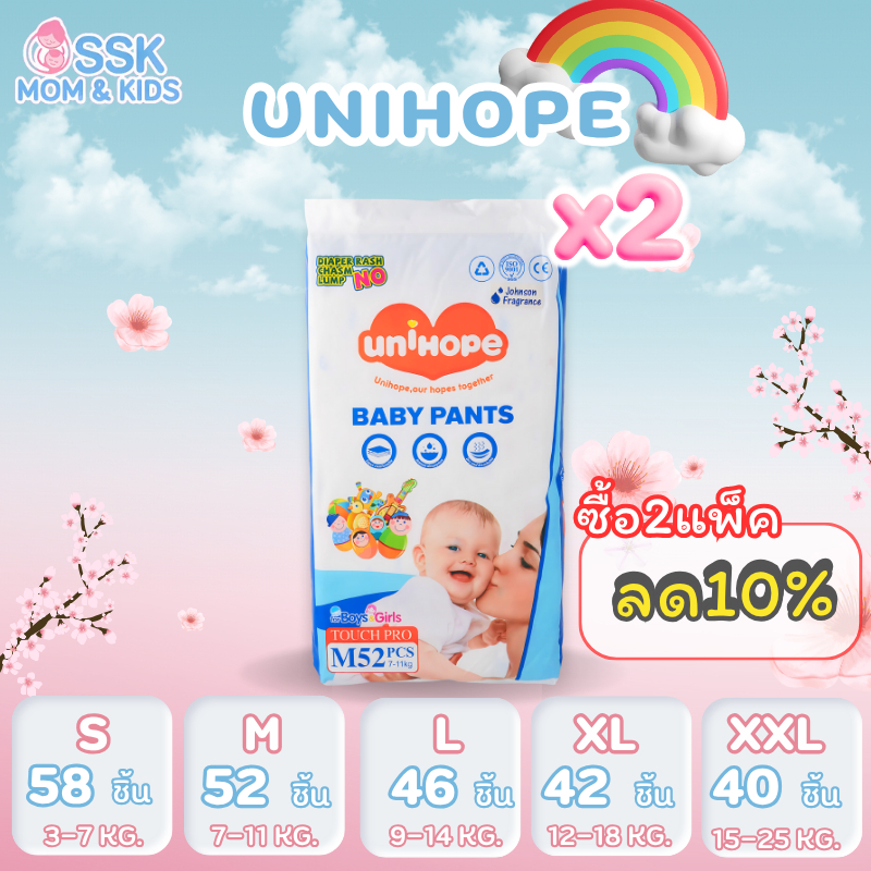 ผ้าอ้อมเด็ก Unihope กลิ่นหอมแป้งเด็ก S-2XL นุ่ม หอม ใส่สบาย โปรขายดี แม่ไว้ใจ เด็กใช้แล้วฟิน