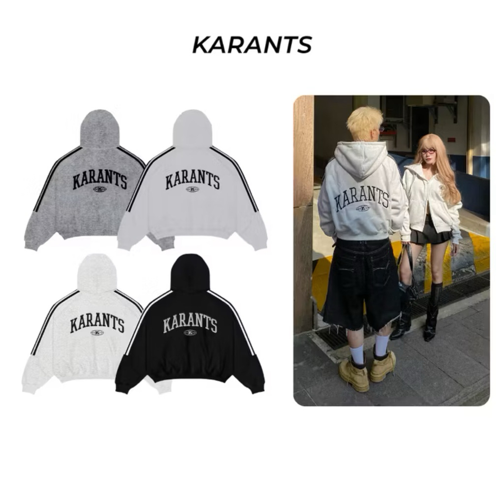 ส่งต่อ Karants แบรนด์นานาชาติ เสื้อฮู้ดดี้ซิปปัก ตกแต่งลายทาง ซิป 2 ทาง Streetwear - AK11