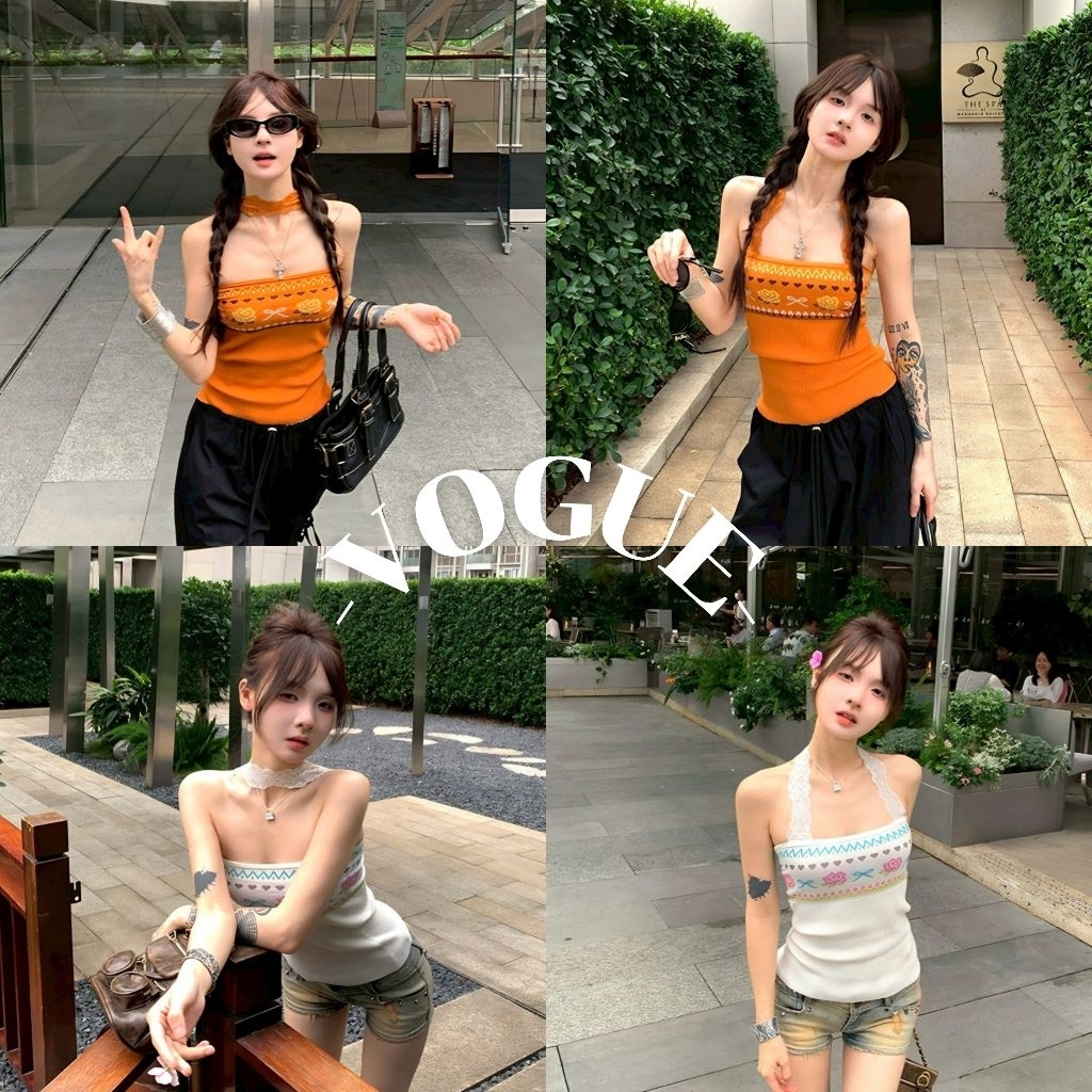 Vogue🌟พร้อมส่ง🌟 เสื้อคล้องคอ ผ้าไหมพรมสีสดใส ลายโบฮีเมี้ยน (Y9353)