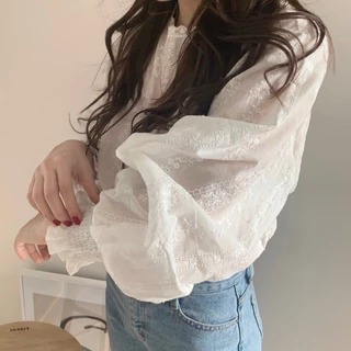 LUNA~คอกลม ลูกไม้ แขนยาว เสื้อเชิ้ต เวอร์ชั่นเกาหลี สไตล์ใหม่