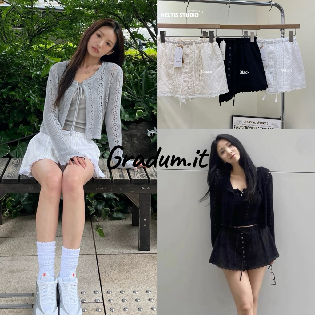 Gradum.#2382(K)กระโปรงลูกไม้เอวสม็อค “Lacy Belle Skirt”  มี 3 สีให้เลือก: ขาว | ครีม | ดำ