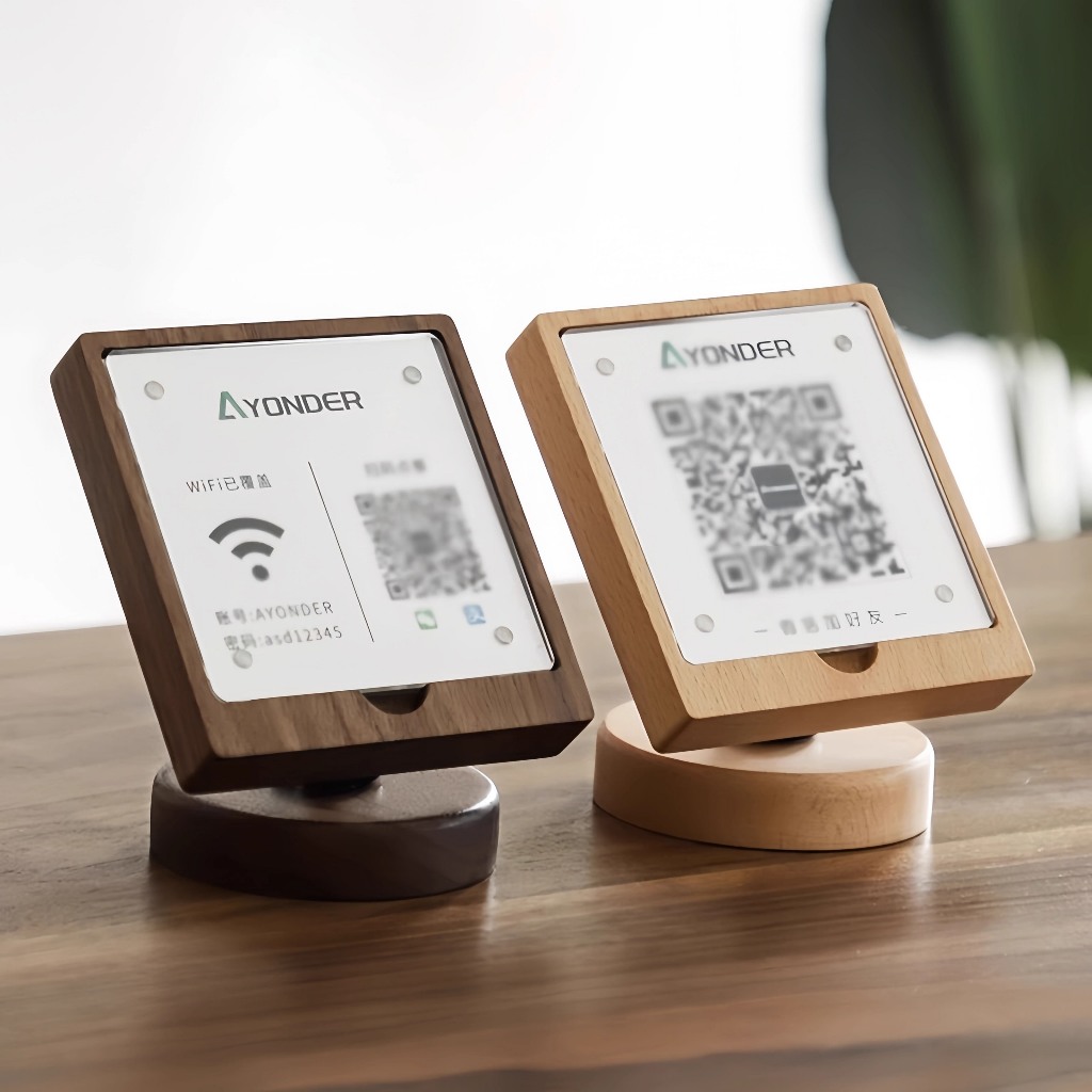 ป้ายแสดงไม้เนื้อแข็งรหัสมิติโต๊ะชำระเงินแคชเชียร์โต๊ะแนวตั้ง QR Code ป้ายตั้งโต๊ะ ป้ายอะคริลิค ฐานไม้