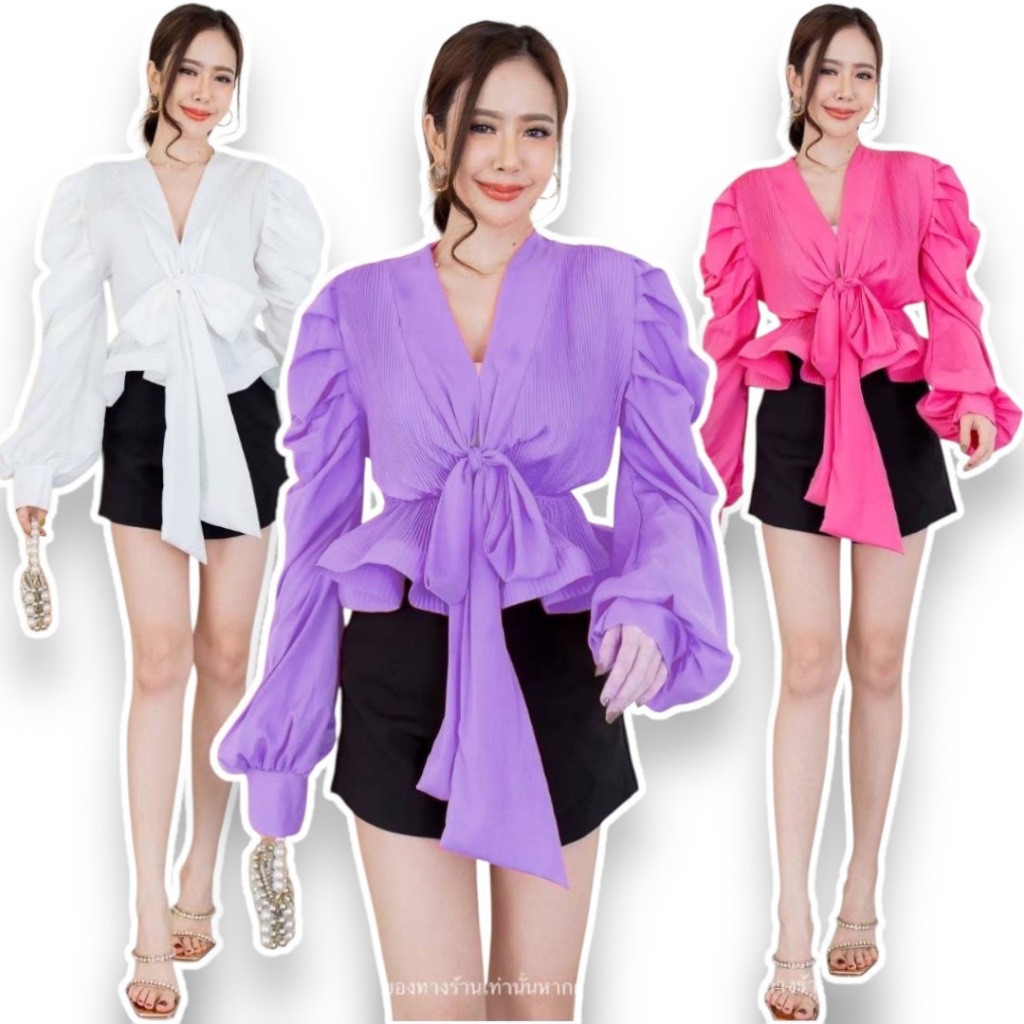 พร้อมส่ง เสื้อเชิ้ตคอวีอัดพลีททั้งตัวแต่งแขนพองตุ๊กตาสไตล์เกาหลี