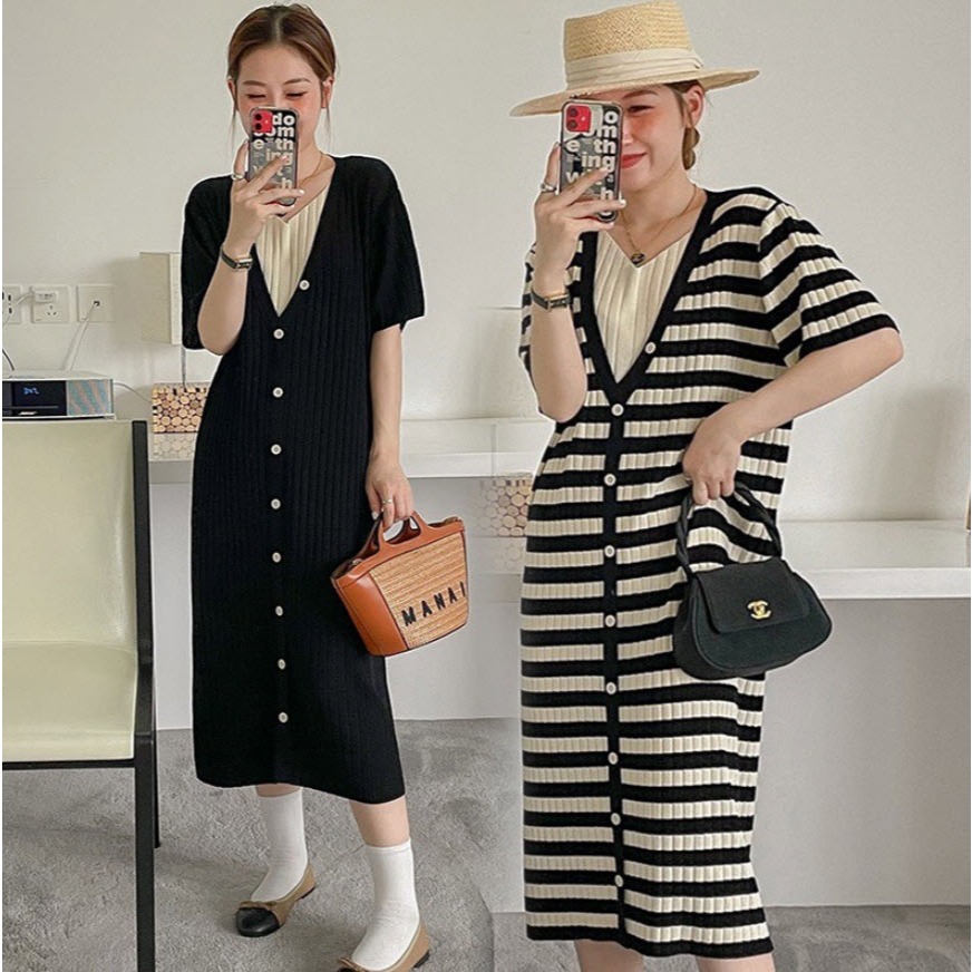 เดรสคลุมท้องไหมพรม ซิบซ่อนเปิดให้นมได้ คอวี