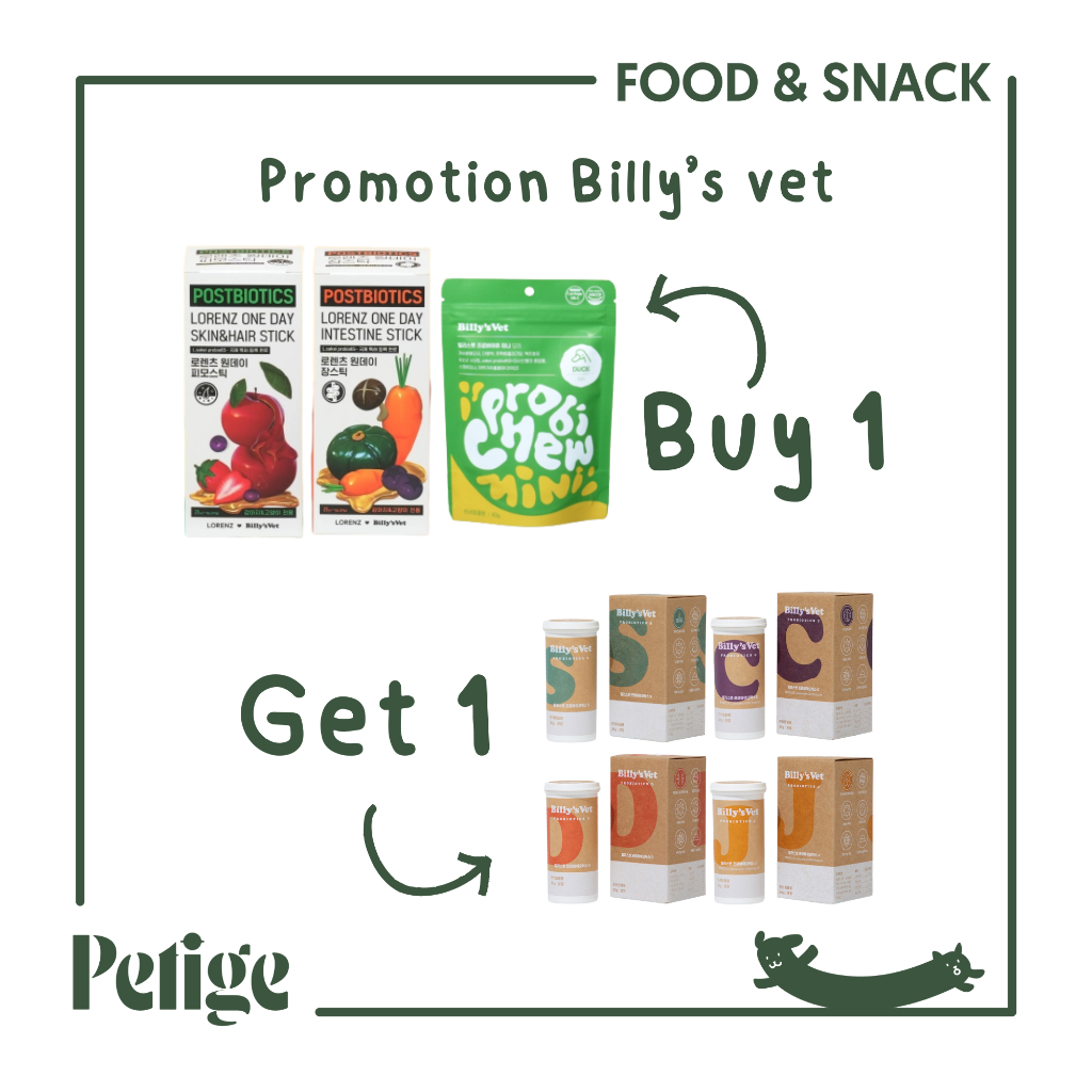 Promotion Billy's vet ซื้อ Probite Chew Duck หรือ Postbiotics แถมฟรี!! ผงโรย Porbiotic 1 กล่อง
