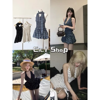 Cicishop(J2179) มินิเดรสคล้องลายจุด/ลายตารางคอวี สม็อคเอวทรงบอลลูนด้านบนคล้องกระดุม แถมผ้าคล้องคอ